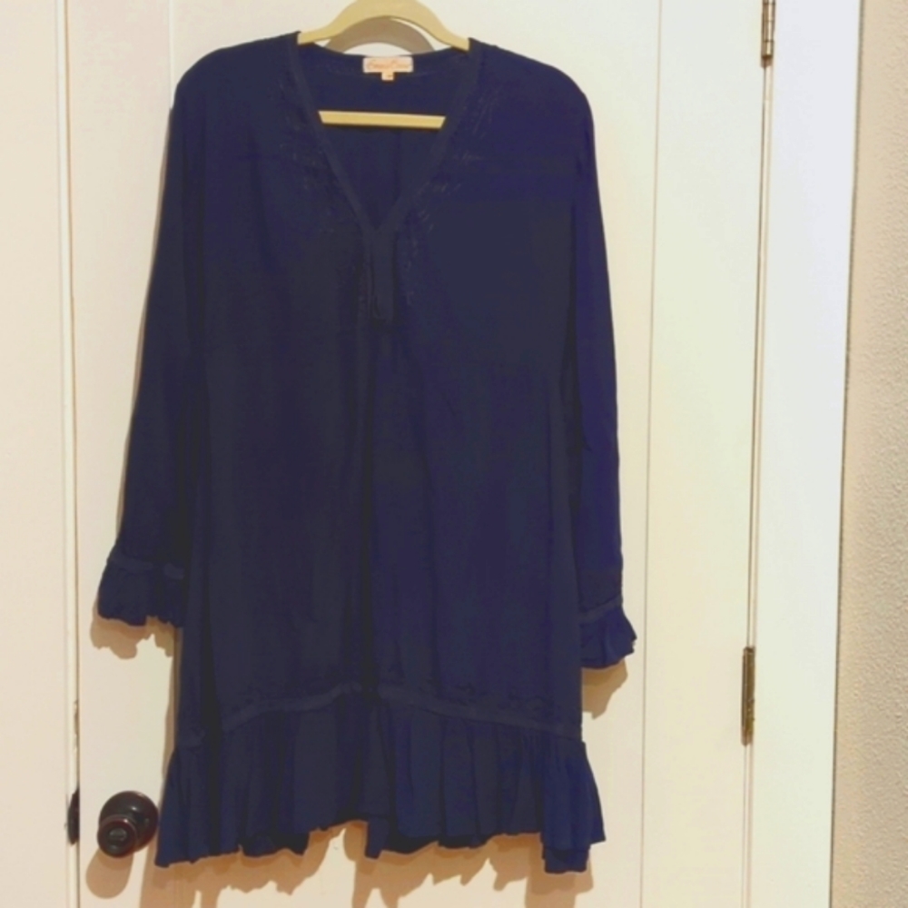 Long Sleeve Cotton Dress with Embroidery by Emma Caine, M, Dark Blue